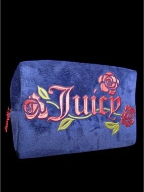 Juicy Couture Blue Plush Cosmetic Toiletry pouch with Red Rose Detail